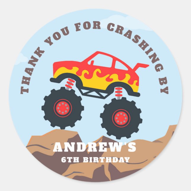 Adesivo Redondo Festa de aniversário Monster Truck Boy (Frente)