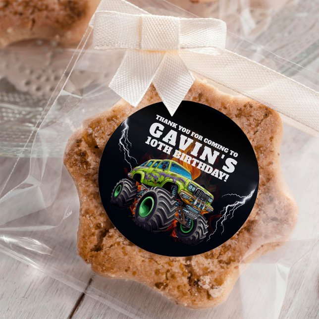Adesivo Redondo Festa de aniversário Personalizada Monster Truck E (Criador carregado)