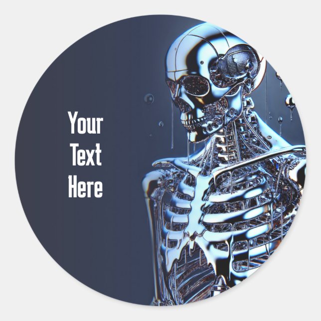 Adesivo Redondo Festa de Aniversário Robô Esqueleto Prata Cromo Lí (Frente)