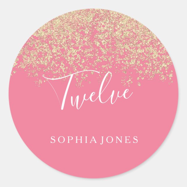 Adesivo Redondo festa de aniversário rosa de Confetti Glitter Dour (Frente)