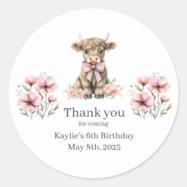 Adesivo Redondo Festa de aniversário Rosa De Vaca Highland Obrigad