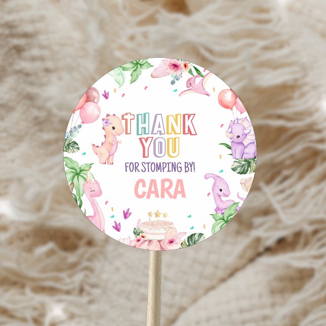 Adesivo Redondo Festa de aniversário Rosa Safari Dinossauro (Girl Pink Safari Dinosaur Birthday Party Sticker)
