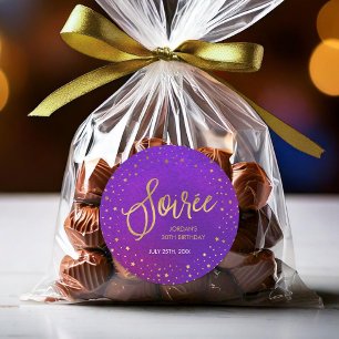 Adesivo Redondo Festa de aniversário roxa estrelado da reunião d