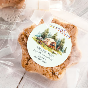 Adesivo Redondo Festa de aniversário Rustic Camping