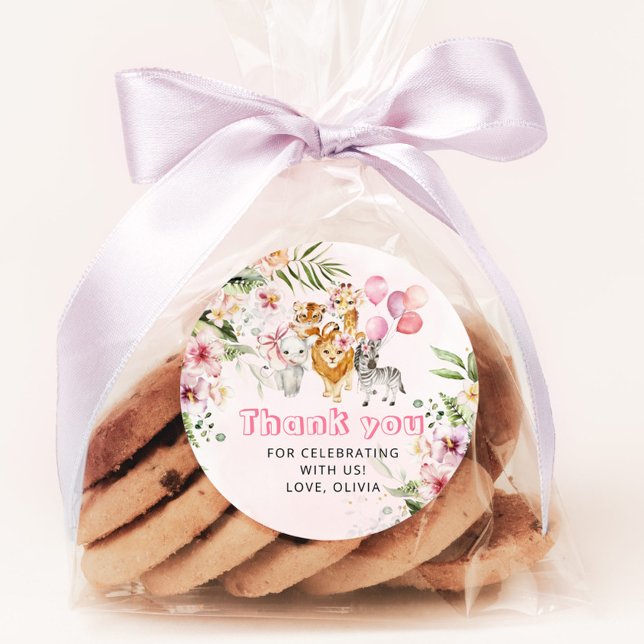 Adesivo Redondo Festa de aniversário safari de aquarela de menina (Criador carregado)