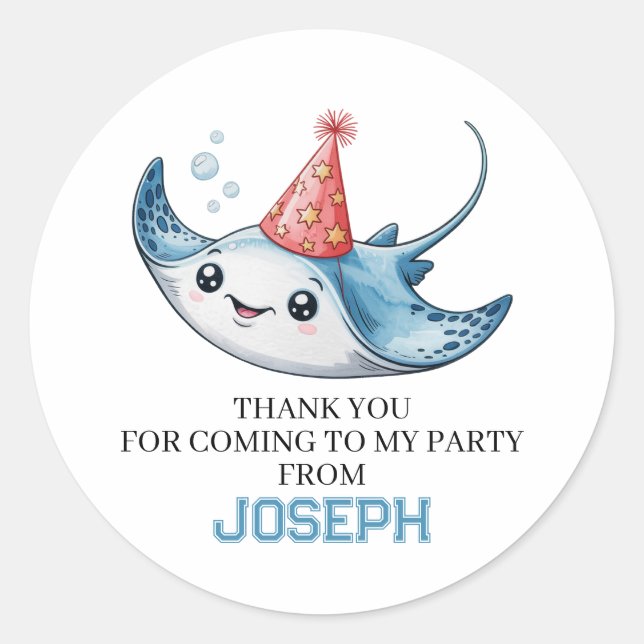Adesivo Redondo Festa de aniversário Stingray Obrigado (Frente)