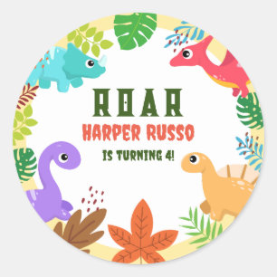Adesivo Redondo Festa de aniversário temática Colorida Cute Dino