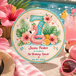 Adesivo Redondo Festa de Aniversário Tropical Flamingo na Piscina