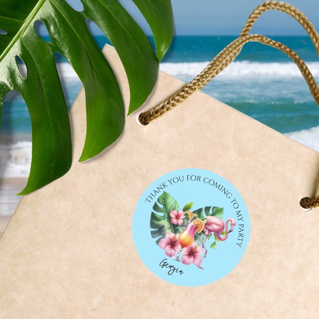 Adesivo Redondo Festa de aniversário Tropical Flamingo Obrigado (Tropical Flamingo Birthday Party Thank You Stickers.  Add some tropical beach vibes to your party.)