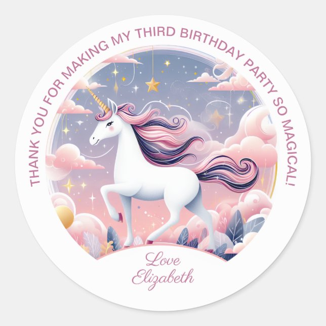 Adesivo Redondo Festa de aniversário Unicorn (Frente)