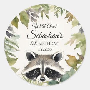 Adesivo Redondo Festa de aniversário Wild One Woodland Raccoon