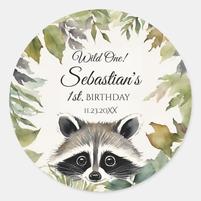Adesivo Redondo Festa de aniversário Wild One Woodland Raccoon (Frente)