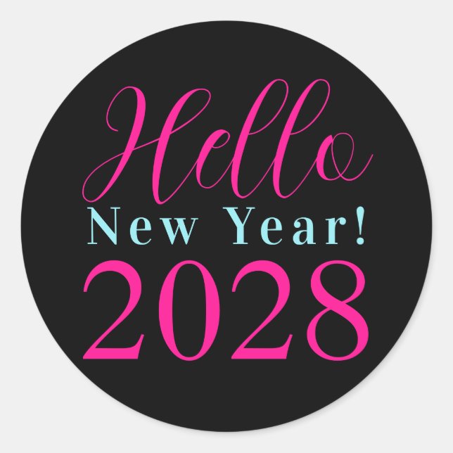 Adesivo Redondo Festa de Ano Novo, Rosa Quente Preto (Frente)