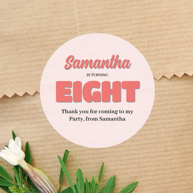Adesivo Redondo Festa de Bairro Rosa, Floral (Pink eighth birthday party sticker template. )