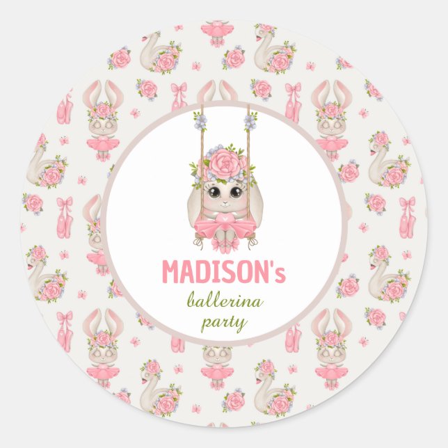 Adesivo Redondo Festa de Ballerina, cor de rosa, aniversário de co (Frente)