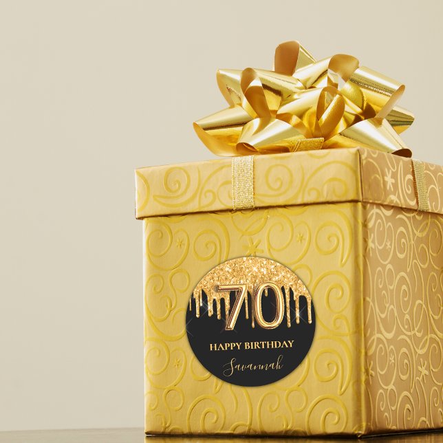 Adesivo Redondo festa de balões de ouro preto de 70 aniversário (Criador carregado)