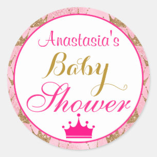 Adesivo Redondo Festa de Bebê Menina Rosa e Dourado Brilho Princes