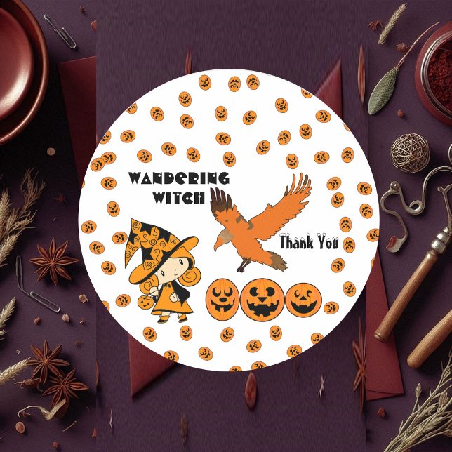 Adesivo Redondo Festa de Bruxas Vergindo Diversão de Halloween Rav (Wandering Witch Party Halloween Raven Pumpkins Fun Classic Round Sticker)