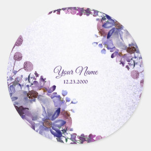 Adesivo Redondo Festa de Casamento Brilho Floral Azul Roxo Rosa