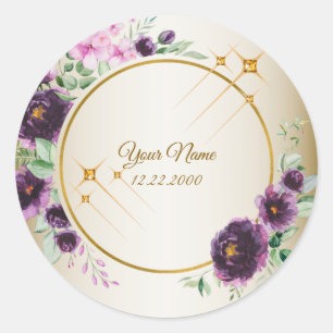 Adesivo Redondo Festa de Casamento Roxo Rosa Floral Verde Dourado