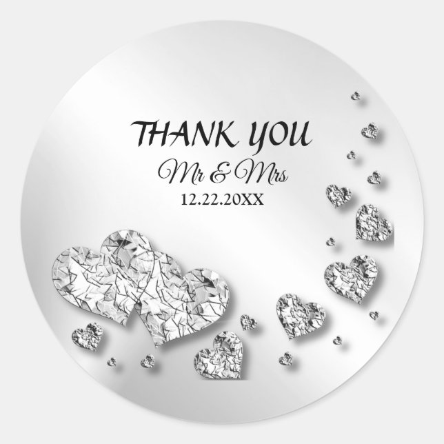 Adesivo Redondo Festa de casamento Silver Hearts Cinza Moderno Ele (Frente)