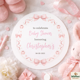 Adesivo Redondo Festa de Chá de Bebê Menina com Laço Rosa – Festa