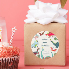 Adesivo Redondo Festa de chá de fraldas azul do Dinossaur