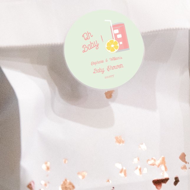 Adesivo Redondo Festa de Chá de fraldas Moderna de Limonada Rosa (Criador carregado)