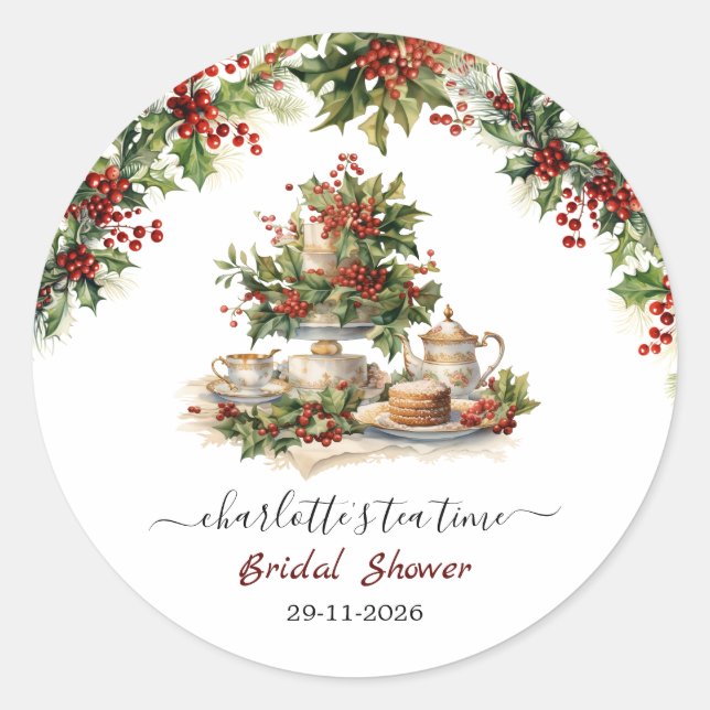 Adesivo Redondo Festa de Chá Elegante para Chá de Noiva de Natal (Frente)