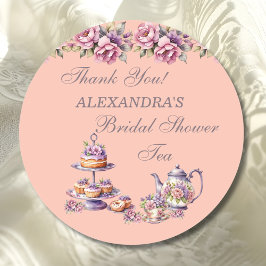 Adesivo Redondo Festa de Chá Floral de Pêssego Lilás Favor de Noiv