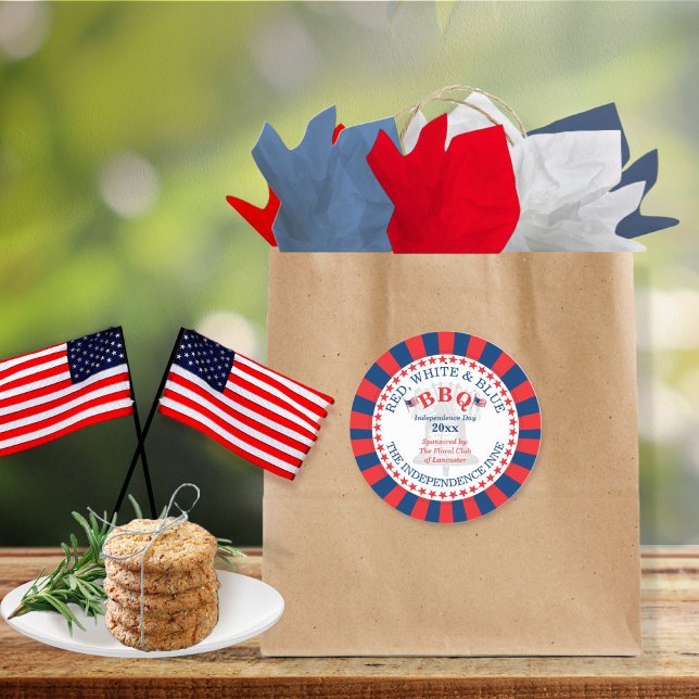 Adesivo Redondo Festa de CHURRASCO Vermelho, Branco e Azul 4 de ju (Criador carregado)