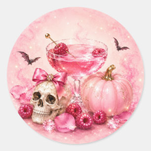 Adesivo Redondo Festa de Cocktail de Halloween Rosa para Meninas