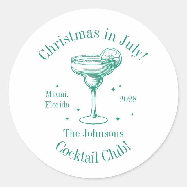 Adesivo Redondo Festa de Cocktail Natal em Julho com Nome da Famíl (Frente)