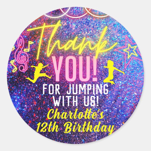 Adesivo Redondo Festa de dança Neon Pink Trampoline Obrigado (Frente)