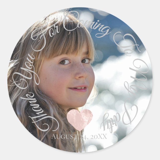 Adesivo Redondo Festa de Data de Foto de Coração de Agradecimento  (Frente)