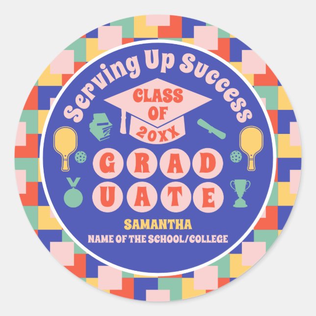 Adesivo Redondo Festa de formatura de Pickleball Retro (Frente)