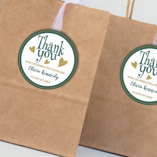 Adesivo Redondo Festa de formatura Verde E Dourada Obrigado (Green And Gold Graduation Party Thank You Favor Classic Round Sticker
)