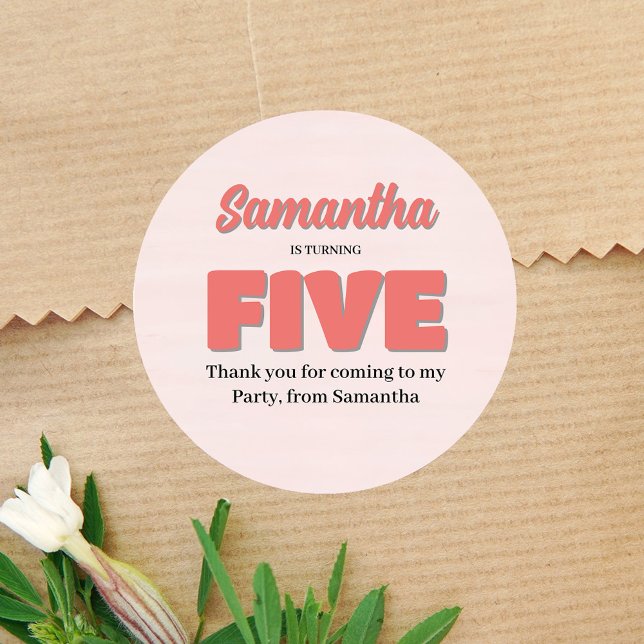 Adesivo Redondo Festa de Garota de Quinto Aniversário Rosa Floral (Pink Fifth Birthday Party Custom Favor sticker)