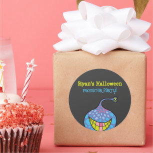 Adesivo Redondo Festa de Halloween do Alienígena de Monstro Roxo