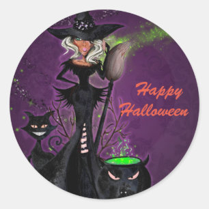 Adesivo Redondo Festa de Halloween Glam Bruxa em Preto Verde Roxo