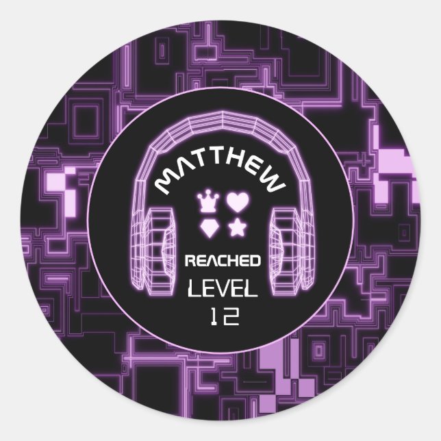 Adesivo Redondo Festa de headsets de videogame com brilho roxo (Frente)