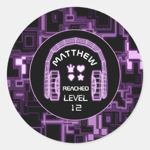 Adesivo Redondo Festa de headsets de videogame com brilho roxo