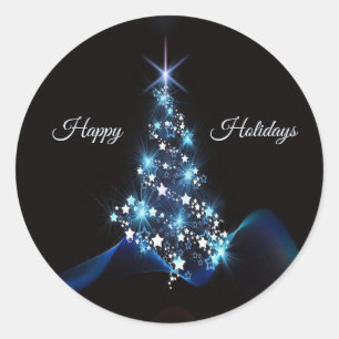 Adesivo Redondo Festa de Natal Árvore Azul Brilhante Preto Elegant