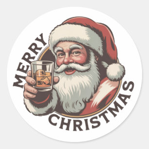 Adesivo Redondo Festa de Natal Bebendo Bourbon Amante de Whisky