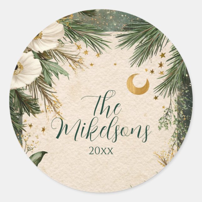 Adesivo Redondo Festa de Natal da Anêmona Branca de inverno (Frente)