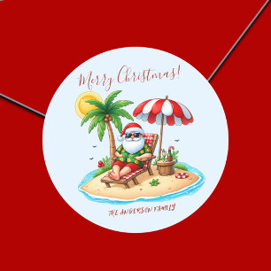 Adesivo Redondo Festa de Natal na Praia Tropical & Papai Noel