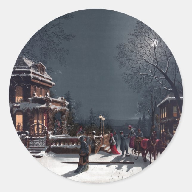 Adesivo Redondo Festa de Natal Vitoriana, Carruagem de inverno (Frente)