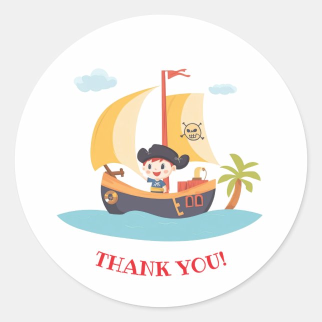 Adesivo Redondo Festa de Naves Piratas Obrigado (Frente)