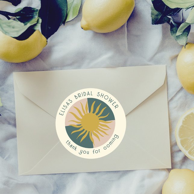 Adesivo Redondo Festa de Noiva à Beira-Mar, Soiree, Moderno, Fofo  (Seaside Soiree Bridal Shower Modern Cute SUN CUSTOM Classic Round Sticker
)