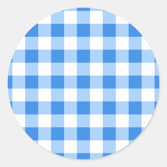 Adesivo Redondo Festa de Padrão Xadrez Azul e Branco Gingham (Frente)